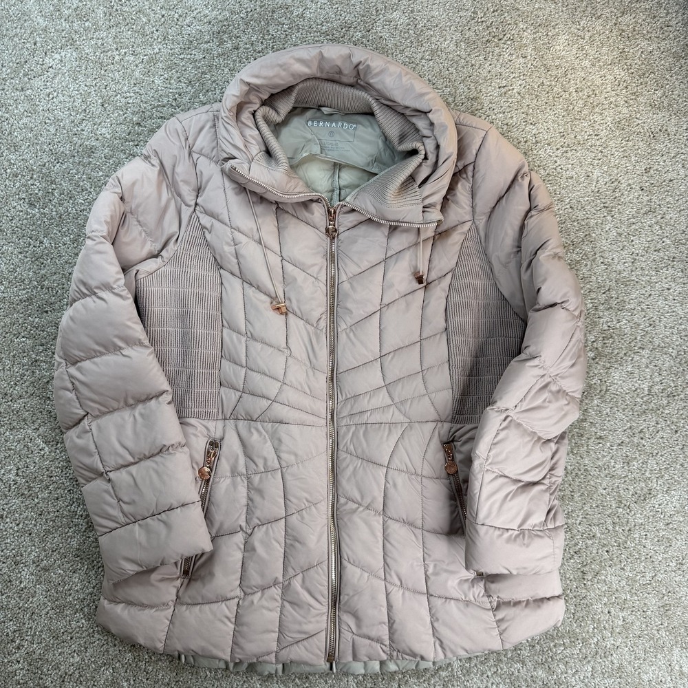 Bernardo Jacket Womens Large Beige Quilted Puffer Hooded Full Zip Lined Pockets